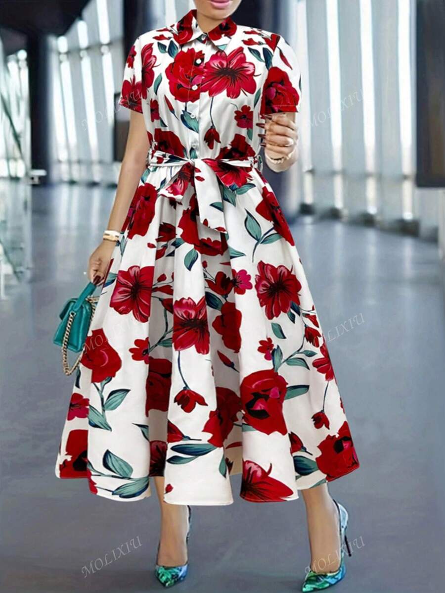 MyWestern Elegant White Floral Shirt Midi Dress Bloom with Grace