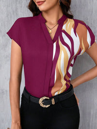 MyWesternMaroon Artistic Abstract Print Rolled-Up Short Sleeves Round Neck Top WesternLove