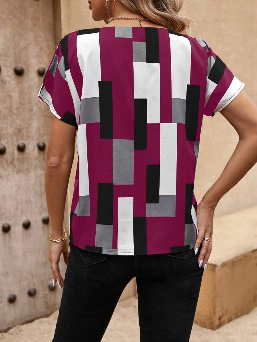 MyWesternMulticolor Abstract Stripe Print Short Sleeves Round Neck Top WesternLove