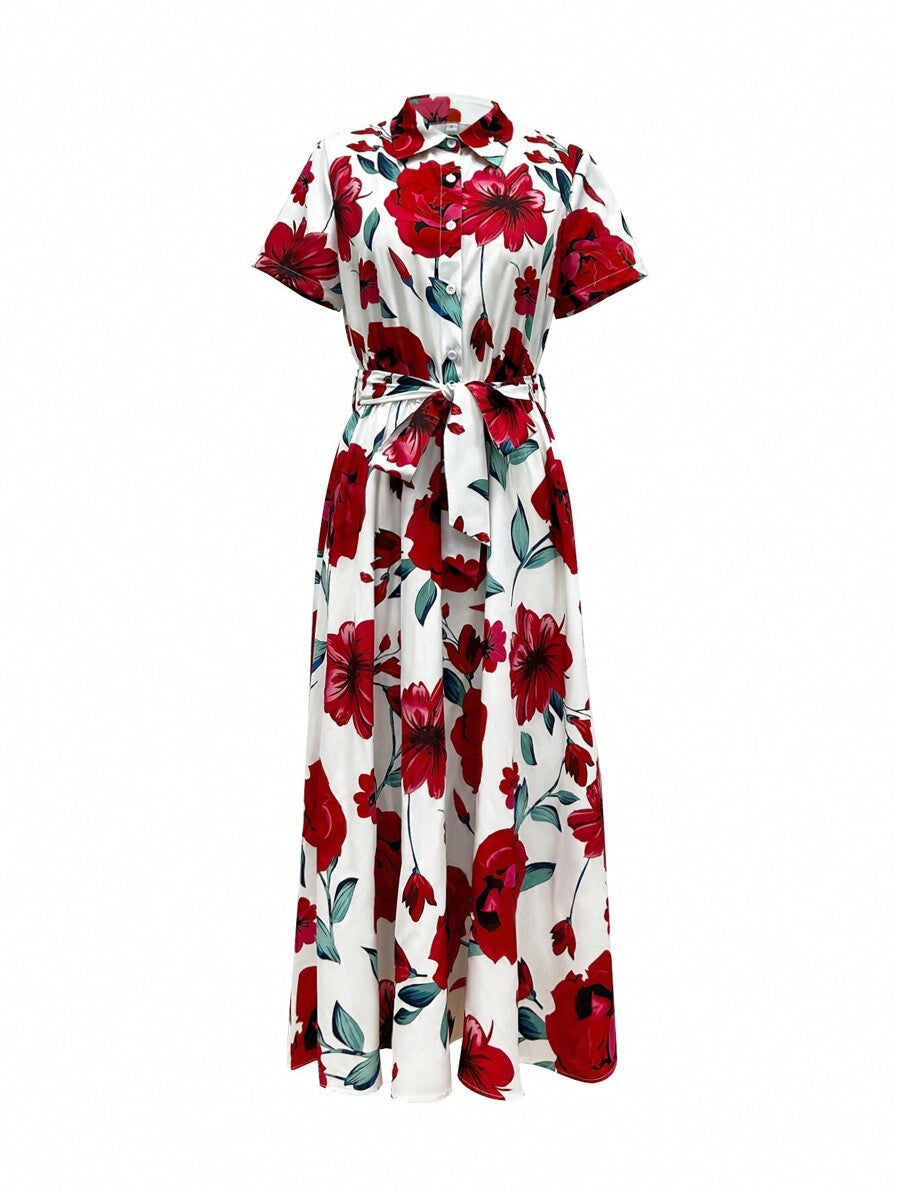 MyWestern Elegant White Floral Shirt Midi Dress Bloom with Grace