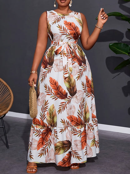 Tropical Leaf Print Sleeveless Maxi Dress