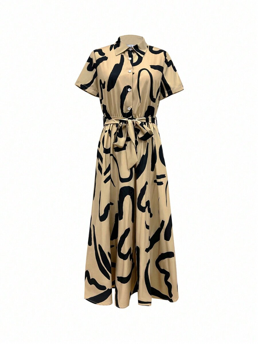 MyWestern Chic Beige and  Black Abstract Shirt Midi Dress Belted Elegance