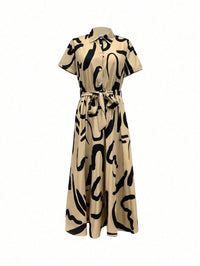 MyWestern Chic Beige and  Black Abstract Shirt Midi Dress Belted Elegance