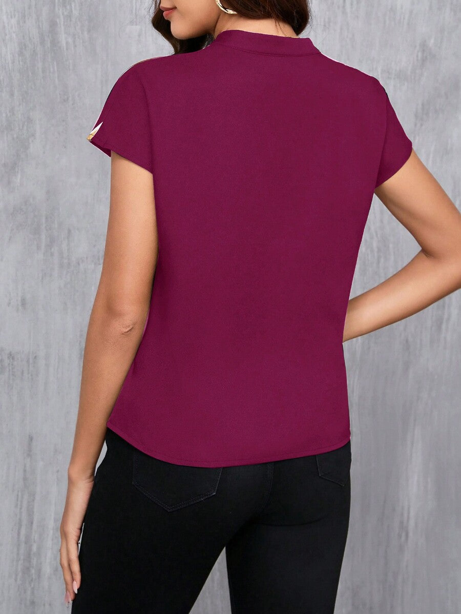 MyWesternMaroon Artistic Abstract Print Rolled-Up Short Sleeves Round Neck Top WesternLove