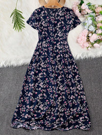 MyWestern Navy Blue Floral A-Line Midi Dress Elegant Everyday Wear