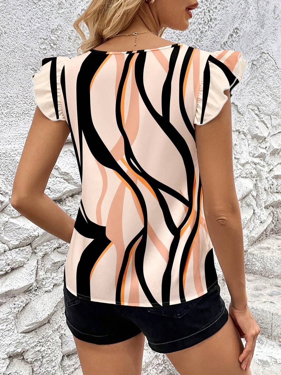 Multicolor Soft Fabric Abstract Stripe Print Rolled-Up  Relaxed Fit Top For Women & Girls WesternLove