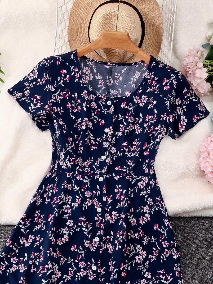 MyWestern Navy Blue Floral A-Line Midi Dress Elegant Everyday Wear