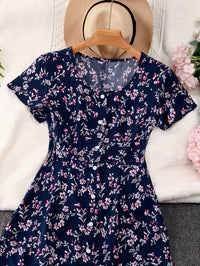 MyWestern Navy Blue Floral A-Line Midi Dress Elegant Everyday Wear