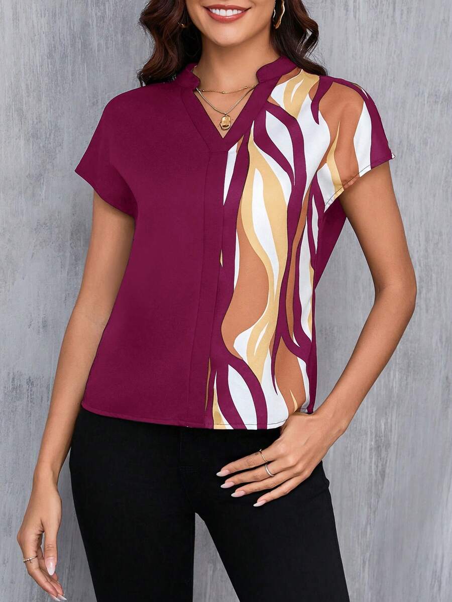 MyWesternMaroon Artistic Abstract Print Rolled-Up Short Sleeves Round Neck Top WesternLove