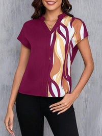 MyWesternMaroon Artistic Abstract Print Rolled-Up Short Sleeves Round Neck Top WesternLove