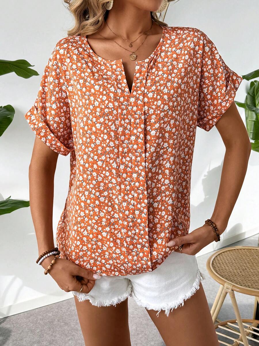 MyWesternOrange Soft Fabric Abstract Stripe Print Rolled-Up Short Sleeves Round Neckline Relaxed Fit Top For Women & Girls WesternLove