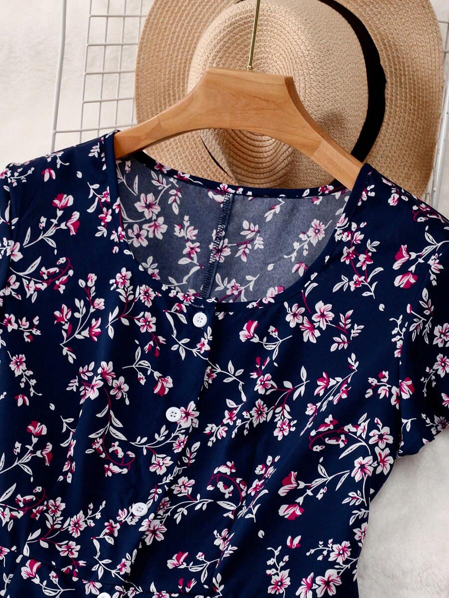 MyWestern Navy Blue Floral A-Line Midi Dress Elegant Everyday Wear