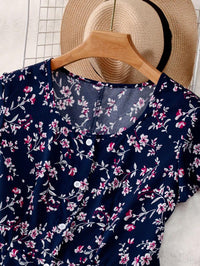 MyWestern Navy Blue Floral A-Line Midi Dress Elegant Everyday Wear