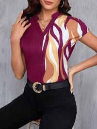 MyWesternMaroon Artistic Abstract Print Rolled-Up Short Sleeves Round Neck Top WesternLove