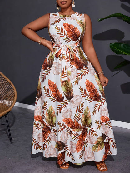 Tropical Leaf Print Sleeveless Maxi Dress