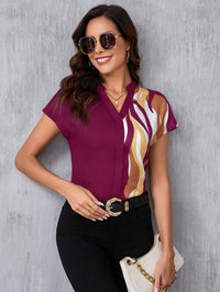 MyWesternMaroon Artistic Abstract Print Rolled-Up Short Sleeves Round Neck Top WesternLove