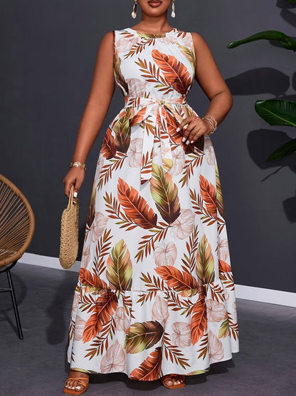 Tropical Leaf Print Sleeveless Maxi Dress