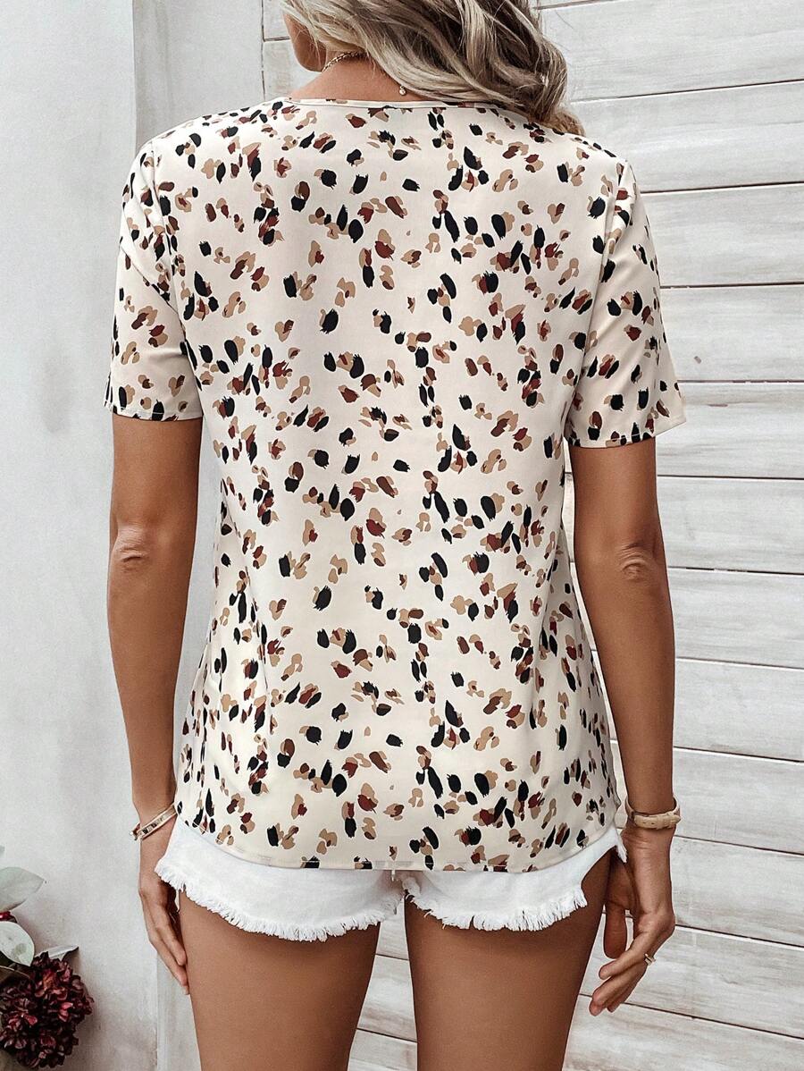 MyWesternWhite Soft Fabric Abstract Stripe Print Rolled-Up Short Sleeves Round Neckline Relaxed Fit Top For Women & Girls WesternLove