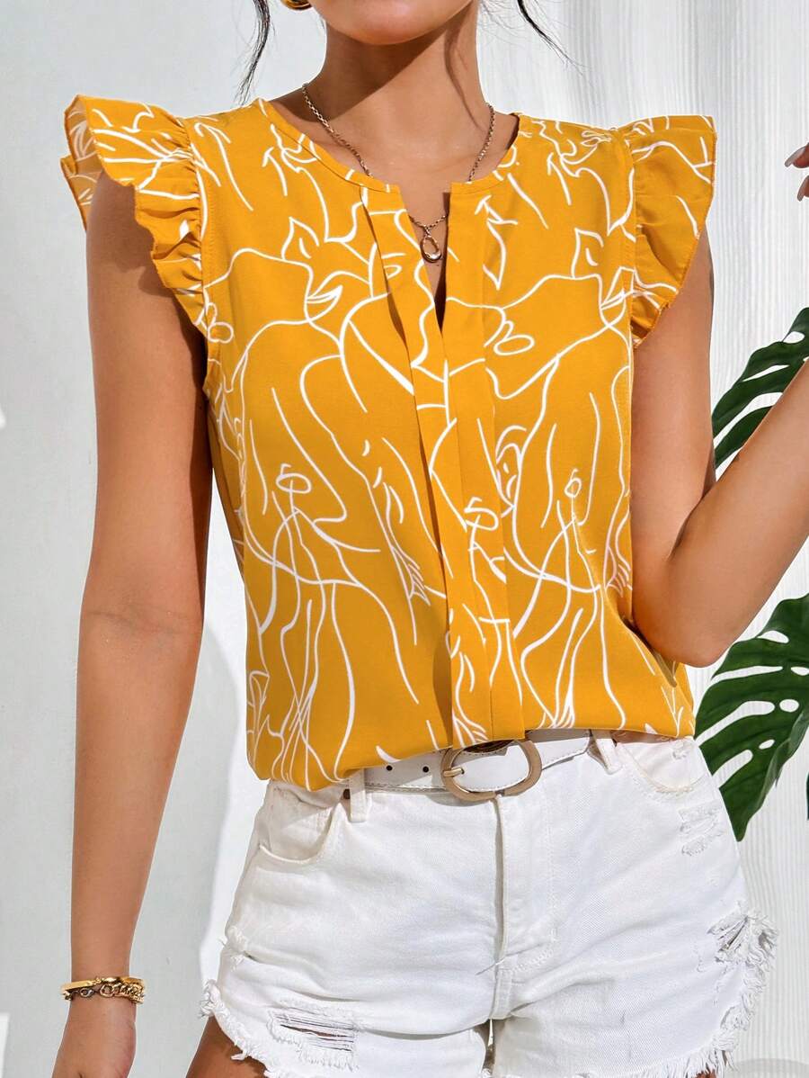 MyWesternYellow Soft Fabric Abstract Stripe Print Rolled-Up Short Sleeves Round Neckline Relaxed Fit Top For Women WesternLove