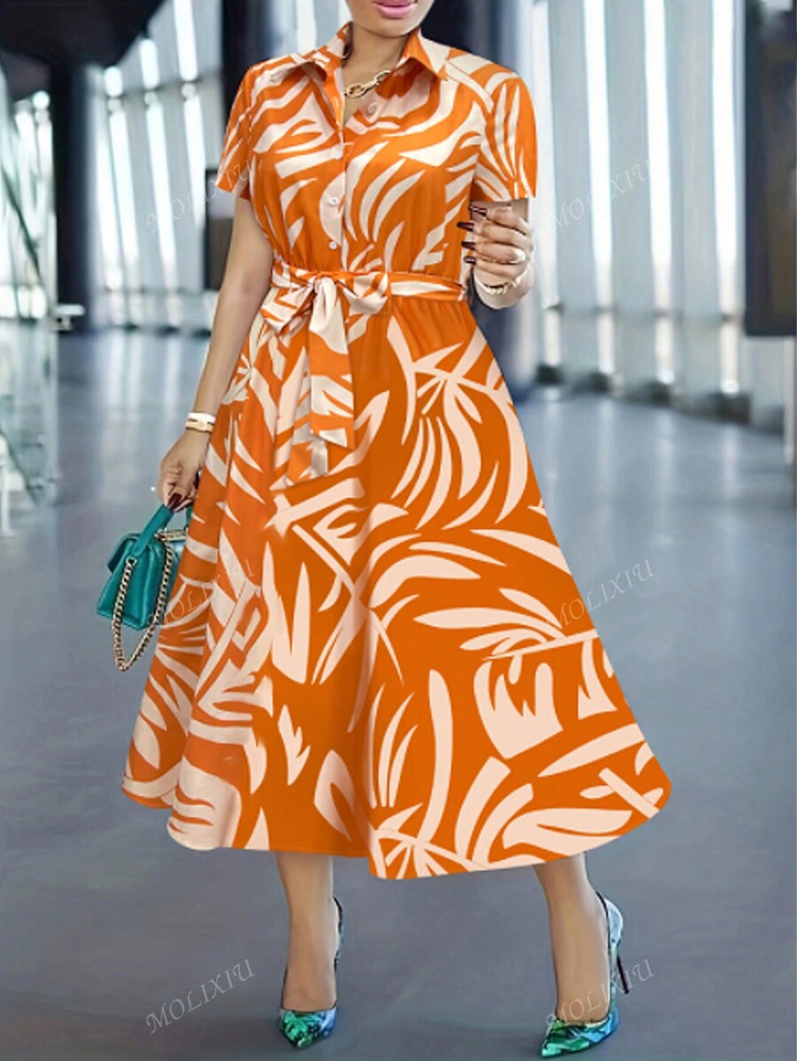 MyWestern Tropical Orange Button Down Shirt Dress with Belt Midi Length