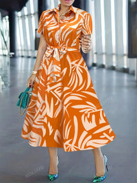 MyWestern Tropical Orange Button Down Shirt Dress with Belt Midi Length