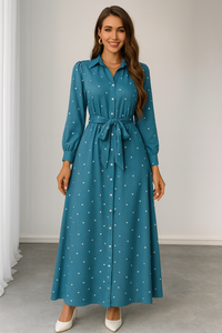 My Western Teal-Blue Heart Print Maxi Shirt Dress