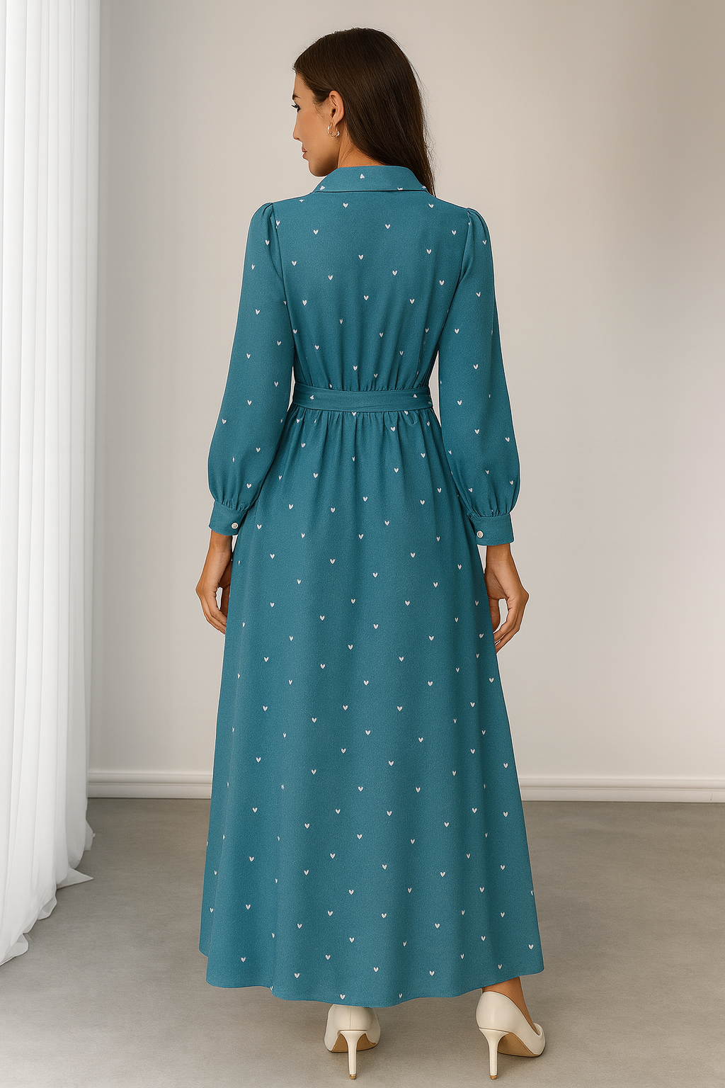 My Western Teal-Blue Heart Print Maxi Shirt Dress