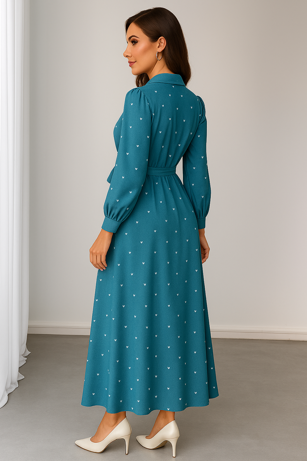My Western Teal-Blue Heart Print Maxi Shirt Dress