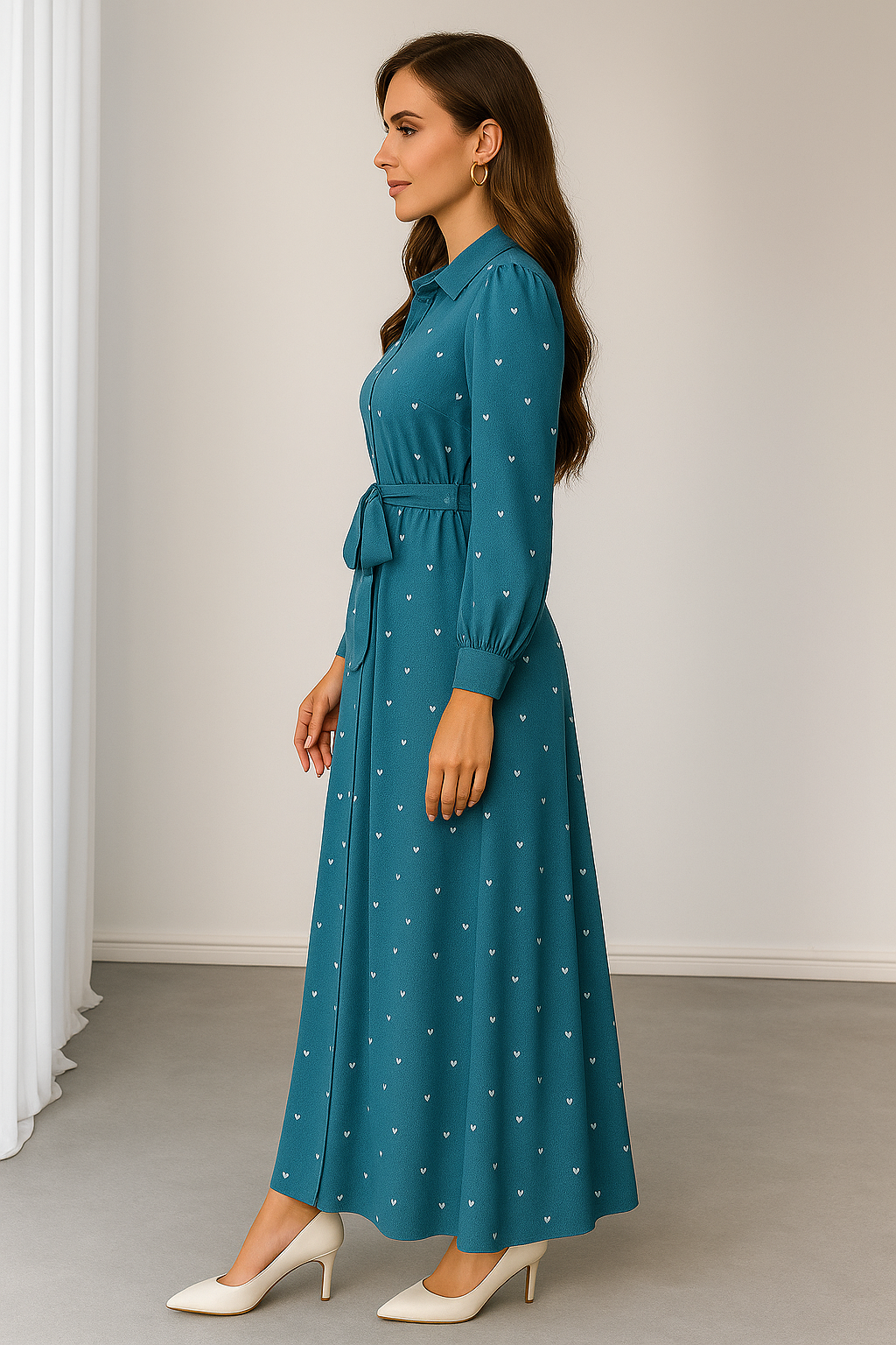 My Western Teal-Blue Heart Print Maxi Shirt Dress