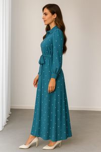 My Western Teal-Blue Heart Print Maxi Shirt Dress