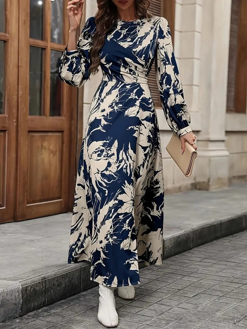 My Western Allover Print Crew Neck Dress, Elegant Long Sleeve Ankle Length Dress