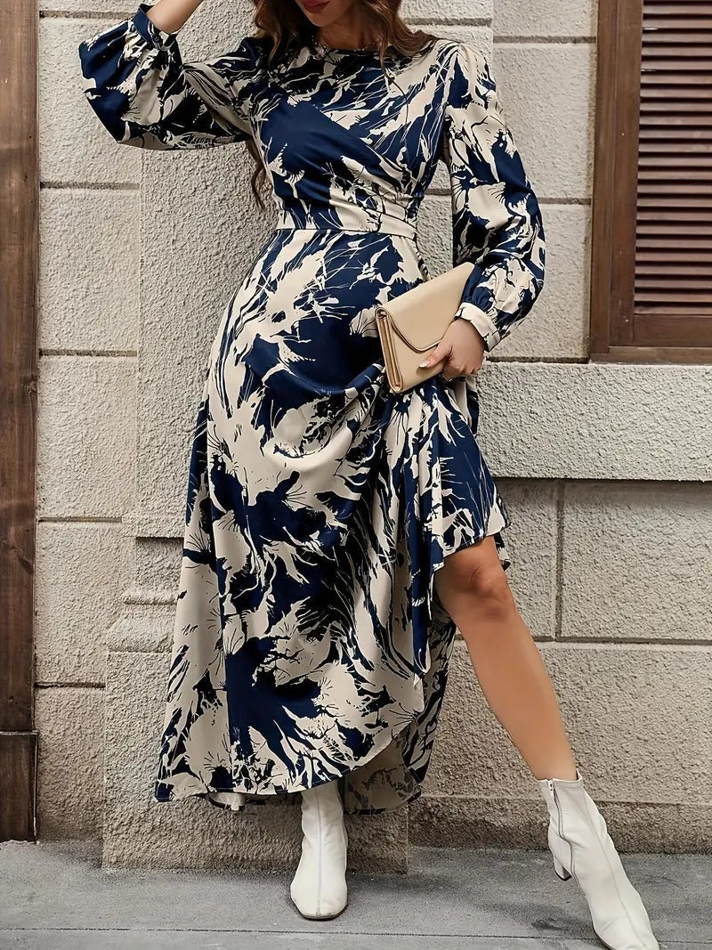 My Western Allover Print Crew Neck Dress, Elegant Long Sleeve Ankle Length Dress My Western