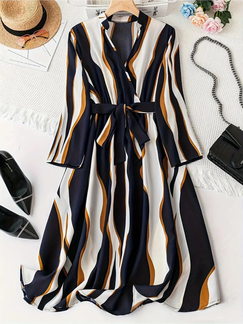 My Western Abstract Print Surplice Neck Belted Dress, Casual Long Sleeve Dress My Western