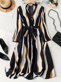 My Western Abstract Print Surplice Neck Belted Dress, Casual Long Sleeve Dress My Western