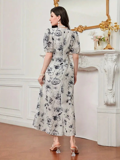 My Western Cotton Fit and Flare Printed Cap Sleeve Coller-Neck Casual Maxi Dress