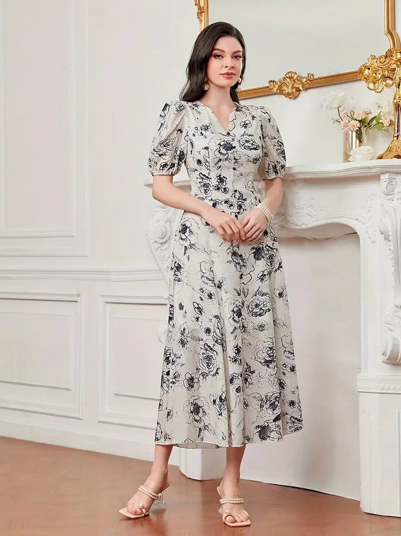 My Western Cotton Fit and Flare Printed Cap Sleeve Coller-Neck Casual Maxi Dress