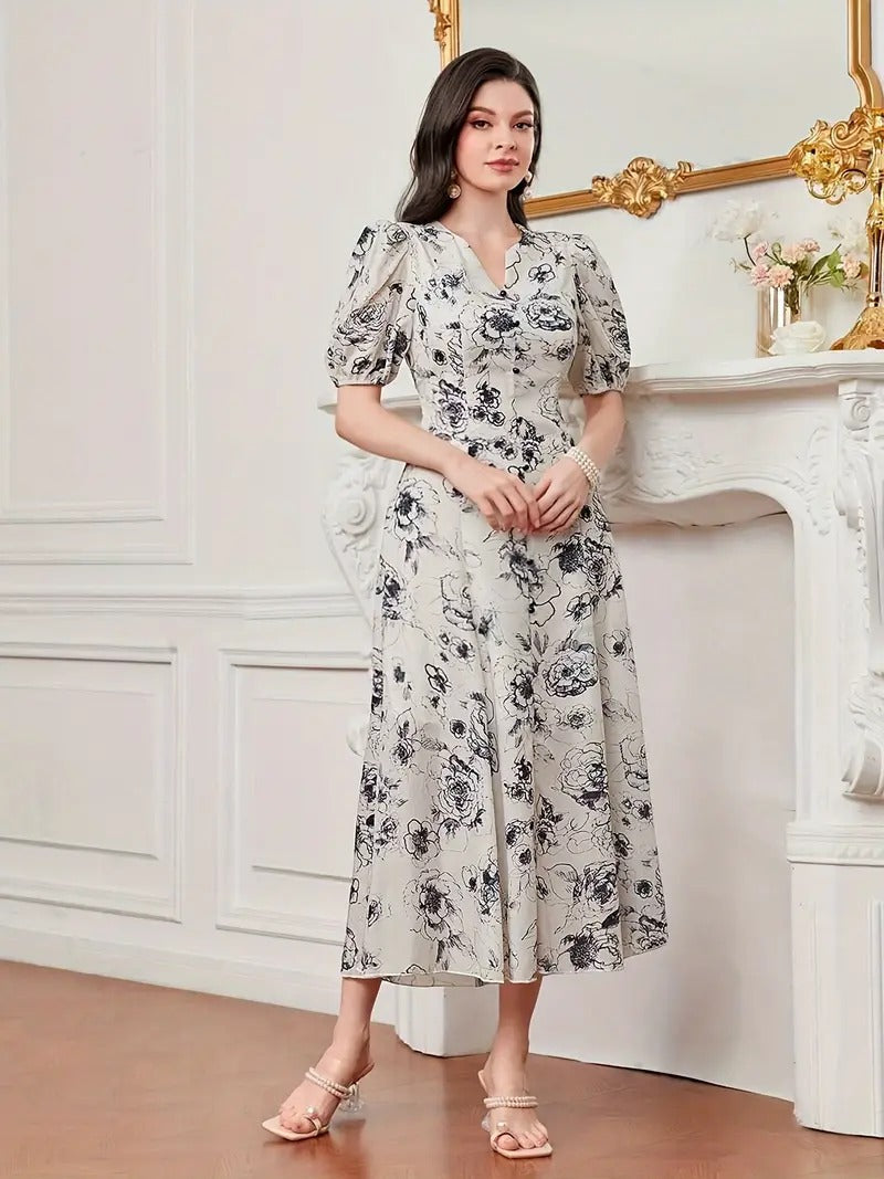 My Western Cotton Fit and Flare Printed Cap Sleeve Coller-Neck Casual Maxi Dress My Western