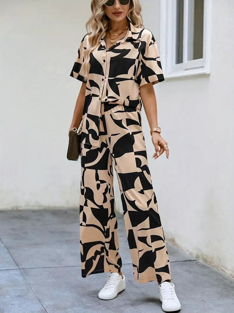 My Western Rayon Button Front Short Graphic Print Elegant Two Piece Set for Women