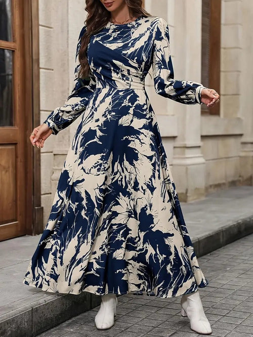 My Western Allover Print Crew Neck Dress, Elegant Long Sleeve Ankle Length Dress