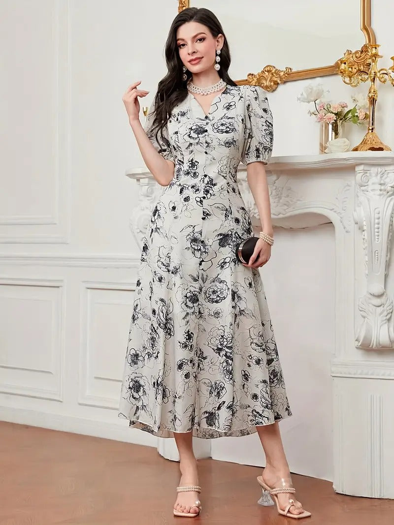 My Western Cotton Fit and Flare Printed Cap Sleeve Coller-Neck Casual Maxi Dress My Western