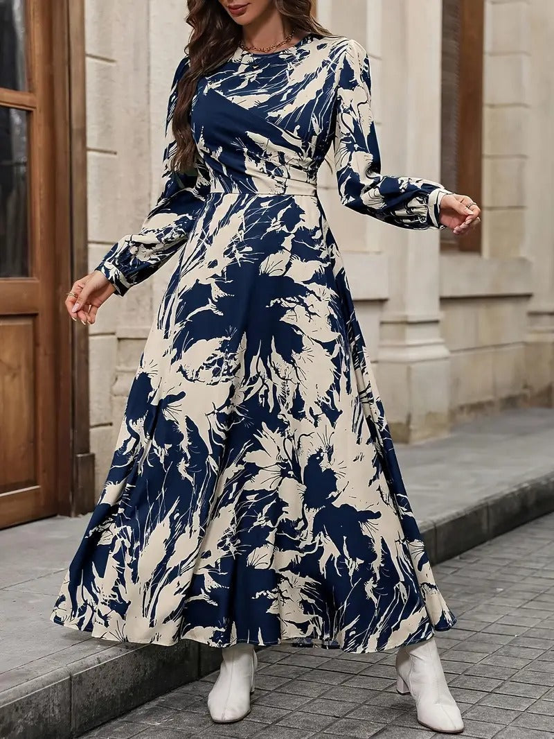 My Western Allover Print Crew Neck Dress, Elegant Long Sleeve Ankle Length Dress My Western