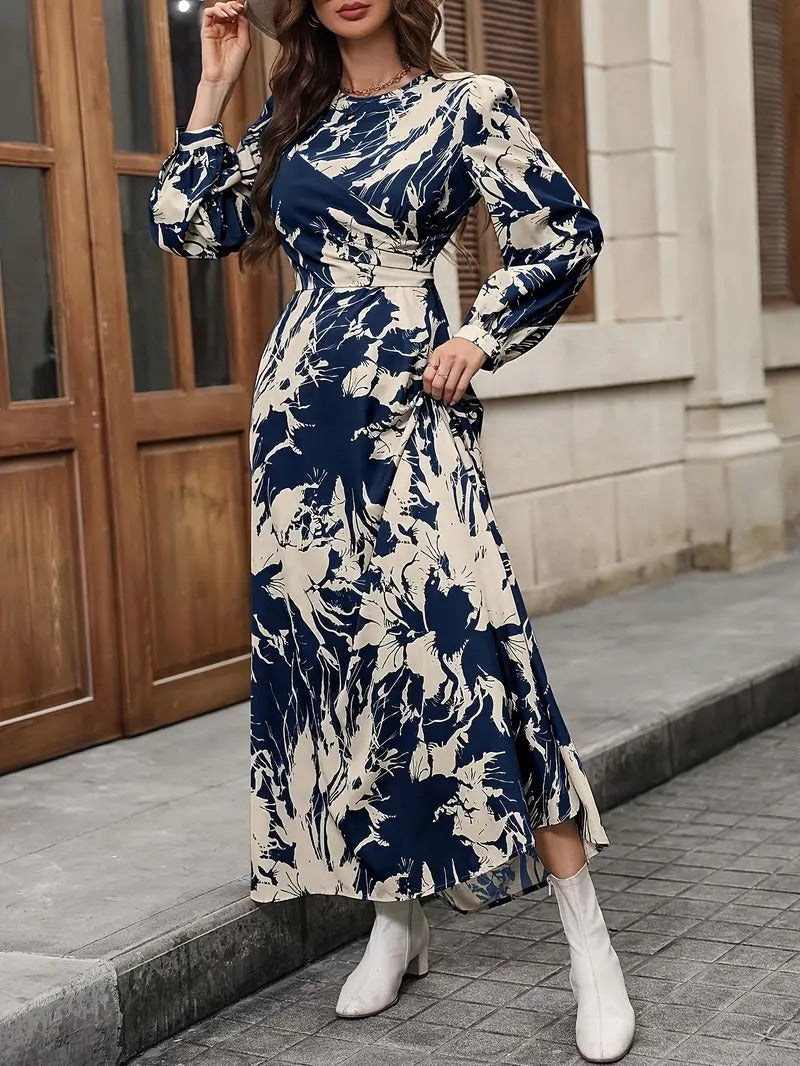 My Western Allover Print Crew Neck Dress, Elegant Long Sleeve Ankle Length Dress