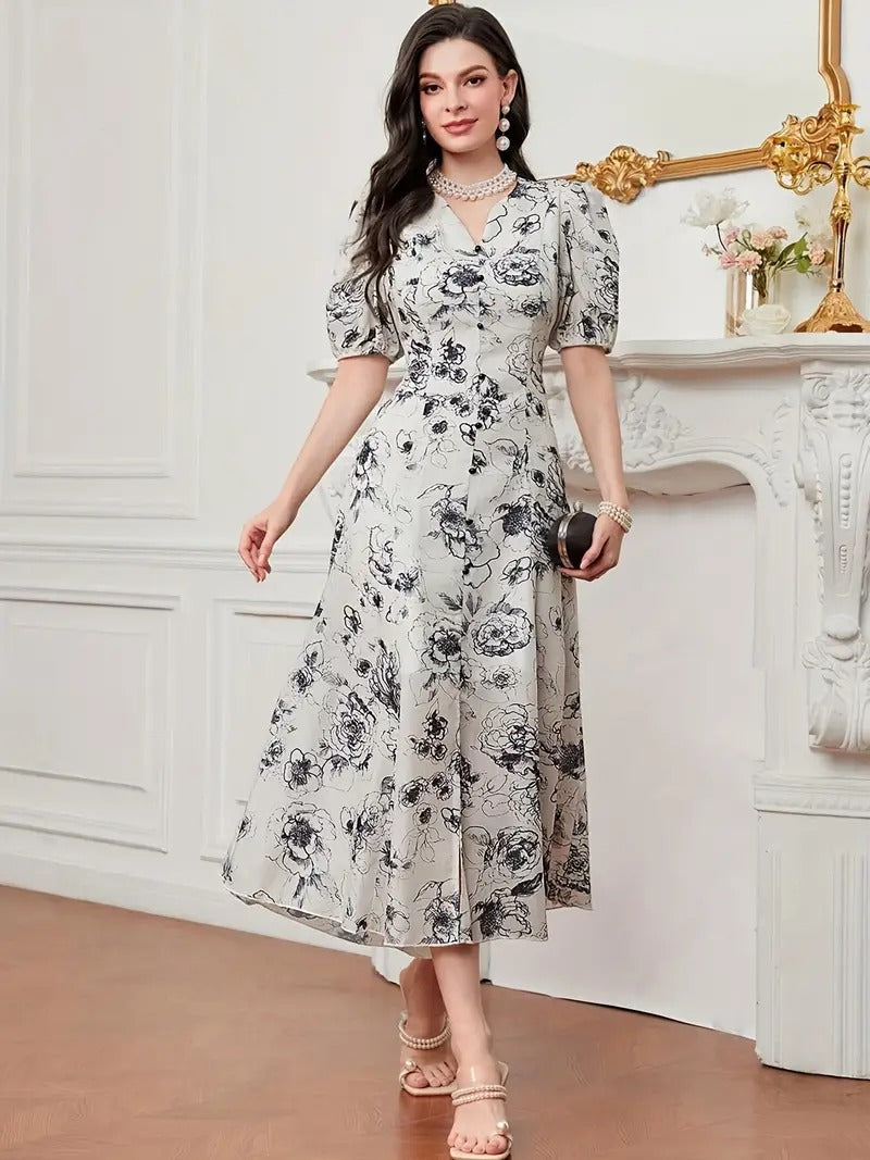 My Western Cotton Fit and Flare Printed Cap Sleeve Coller-Neck Casual Maxi Dress