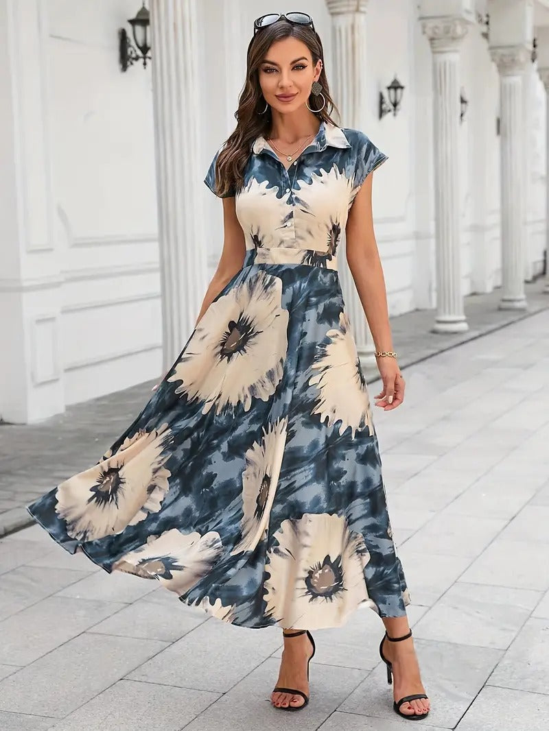 My Western Cotton Fit and Flare Printed Cap Sleeve Coller-Neck Casual Maxi Dress