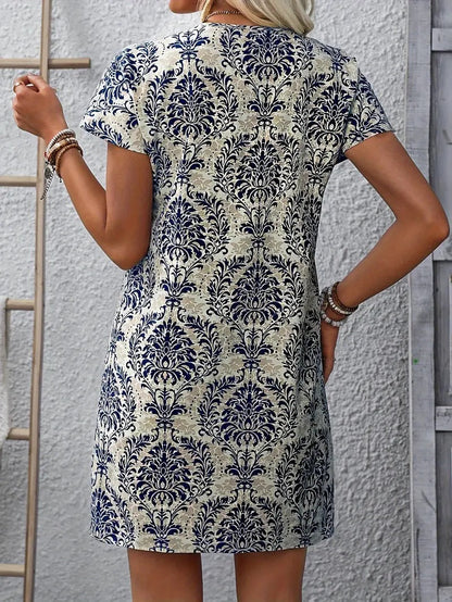 My Western Ethnic Floral Print Dress, Vintage Notched Neck Short Sleeve Dress