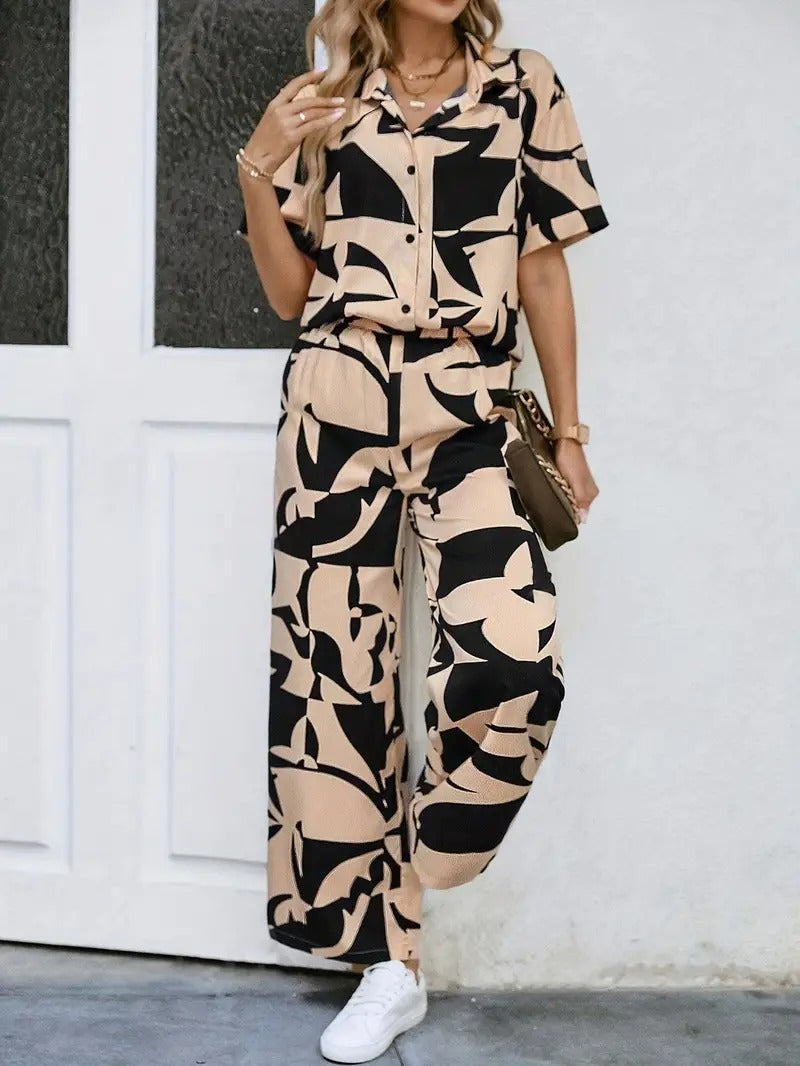 My Western Rayon Button Front Short Graphic Print Elegant Two Piece Set for Women