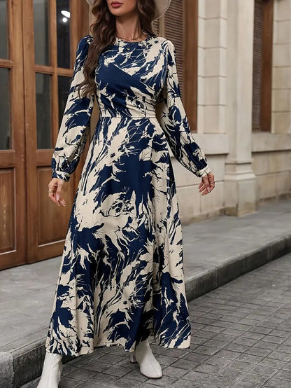 My Western Allover Print Crew Neck Dress, Elegant Long Sleeve Ankle Length Dress