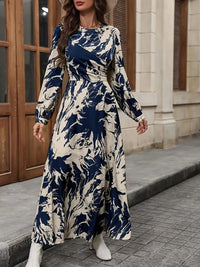 My Western Allover Print Crew Neck Dress, Elegant Long Sleeve Ankle Length Dress My Western