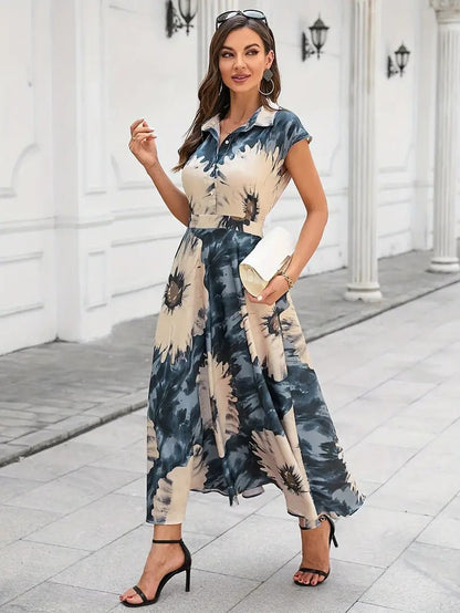 My Western Cotton Fit and Flare Printed Cap Sleeve Coller-Neck Casual Maxi Dress