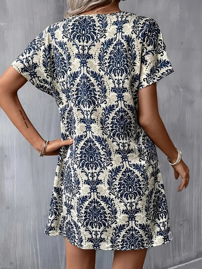 My Western Ethnic Floral Print Dress, Vintage Notched Neck Short Sleeve Dress